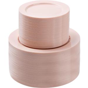 200PCS Pink Plastic Plates Set, 100 10.25 inch Dinner Plates and 100 7.5 inch Dessert Plates, Premium Disposable Plates for Party, Wedding