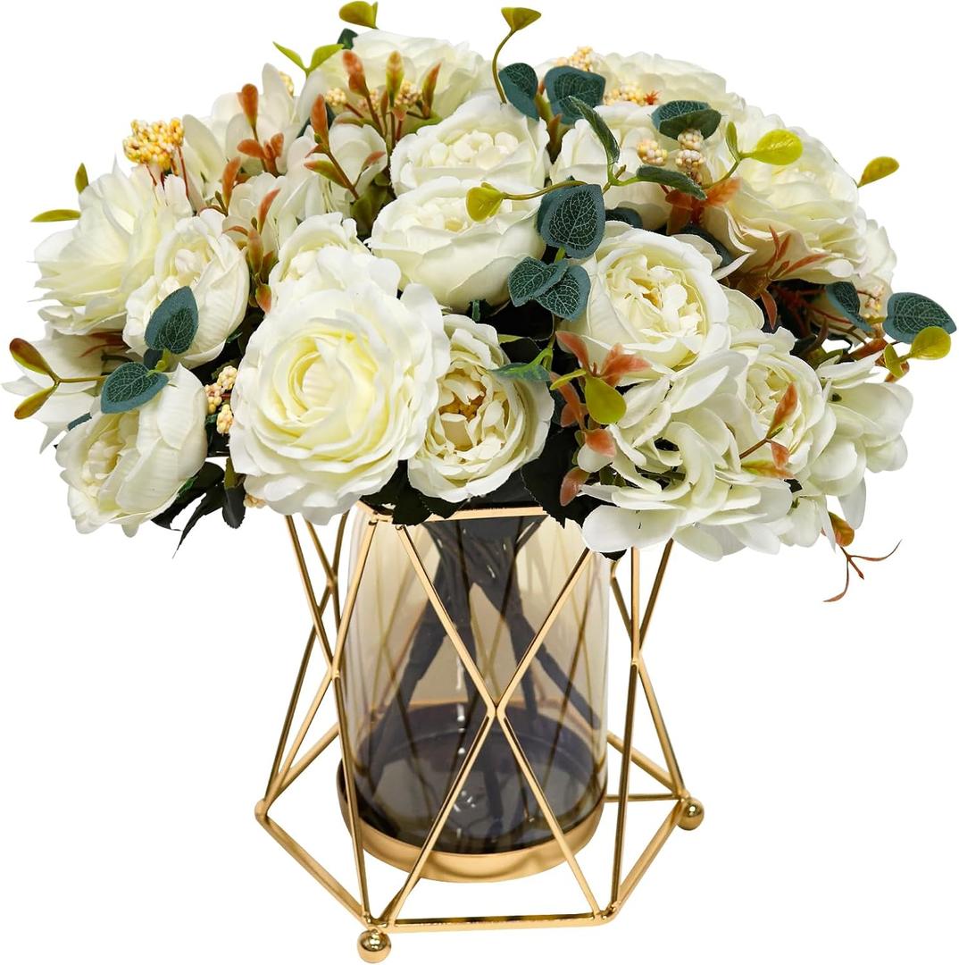 Faux Flowers with Vase, Silk Peony Bouquet Artificial Flowers in Vase, Fake Flowers Floral Arrangement for Home Decor Indoor, Table Centerpieces Flowers Decoration for Farmhouse (White Peony)
