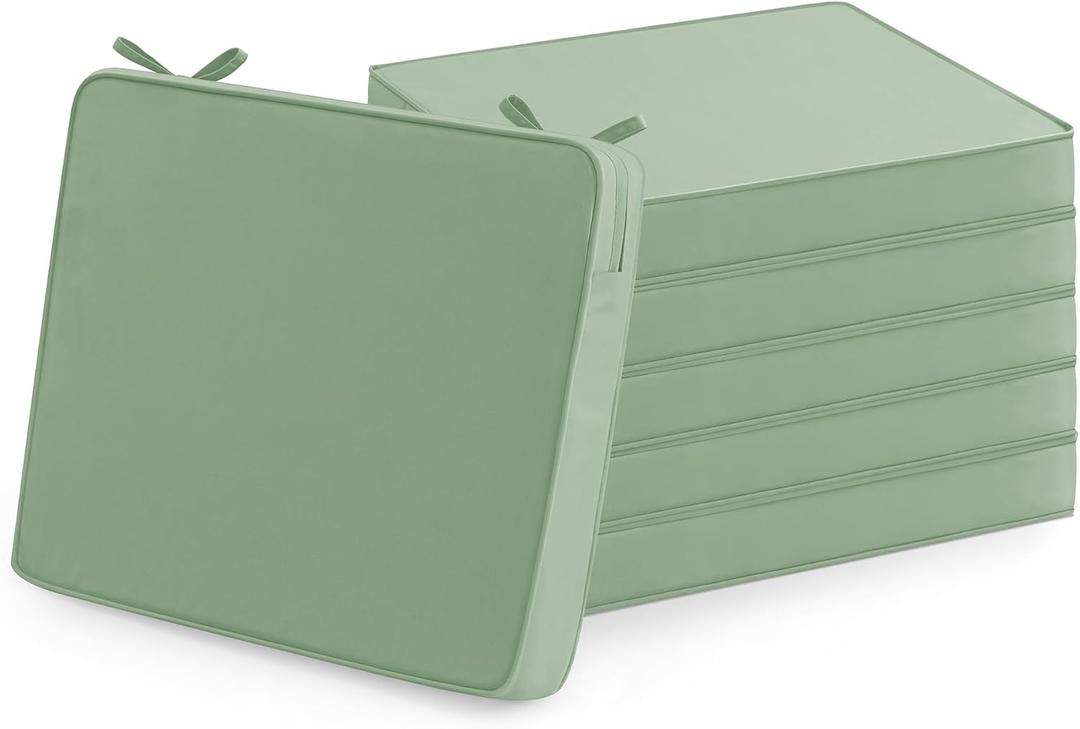 Outdoor Chair Cushions Set of 6: Waterproof & Fade Resistant Seat Cushion for Patio Furniture - 19 x 19 x 2 Inch Chair Pads with Ties and Hidden Zipper - Patio Chair Cushion Replacement, Sage Green
