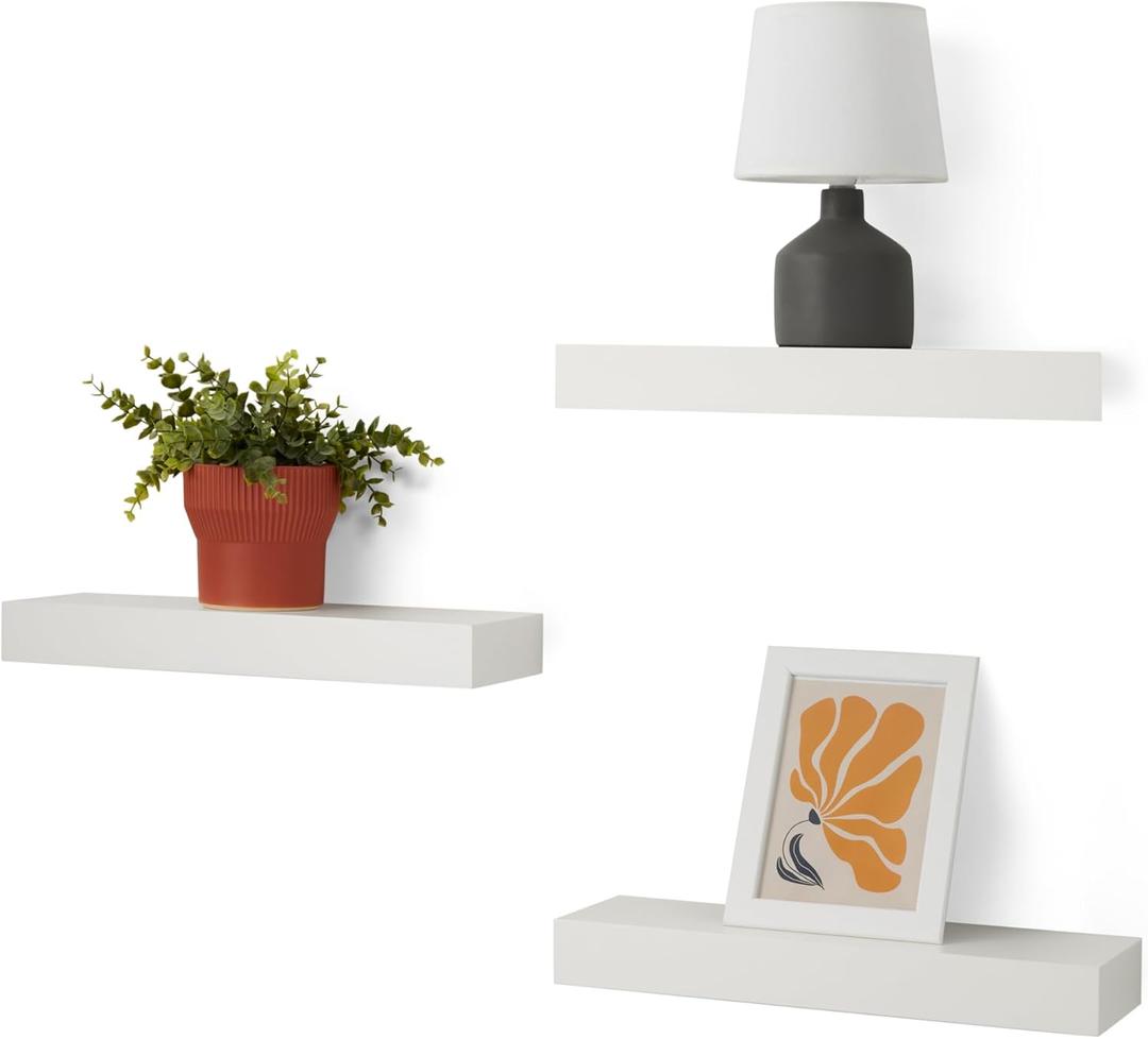 Wood Floating Wall Shelves, Pack of 3, White, 15.8" x 5" x 1.8"