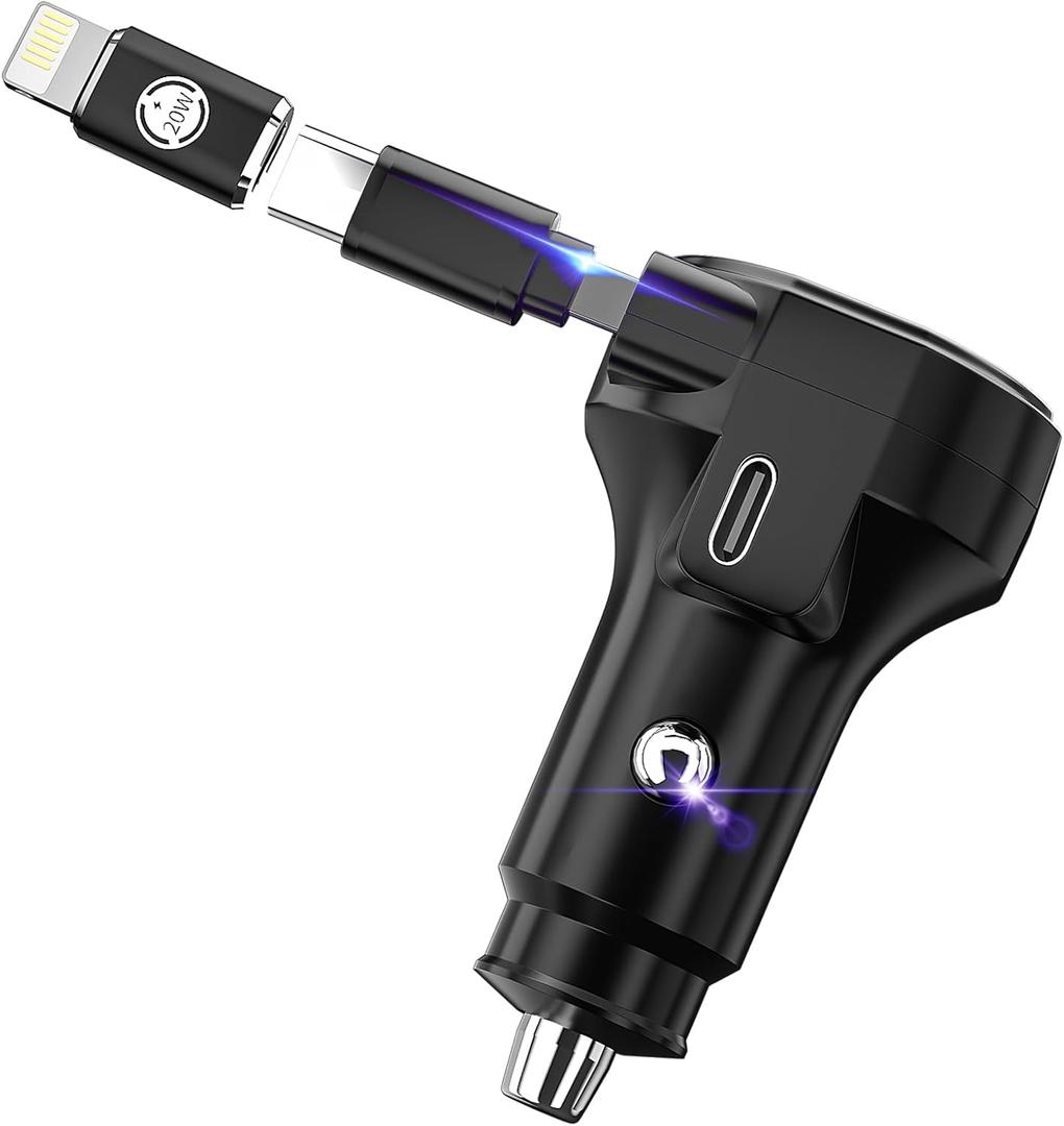 FARSENSE USB-C Car Charger, 45W 2-in-1 PD Fast Charger with Retractable Cable, Universal Car Adapter for iPhone 17/16 Series, MacBook Pro/Air, iPad, Samsung Galaxy, Google Pixel, etc