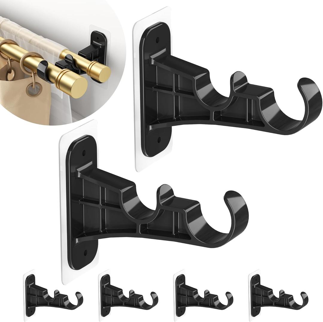 No Drill Double Curtain Rod Brackets, 6-Pack Black Self Adhesive Curtain Rod Holders Nail-free, Double Rods Hooks Hanger Supports 1 to 1.2'' Drapery Rods for Living Room Bedroom
