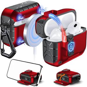 Anqrp MagArmor Auto-Open for AirPods Pro 2nd/1st Gen Case with Built-in Magnets, [One-Press Auto-Open] [Compatible with Mag-Safe Charging], Full-Body MIL-Grade Protective with Air-AL Carabiner Red