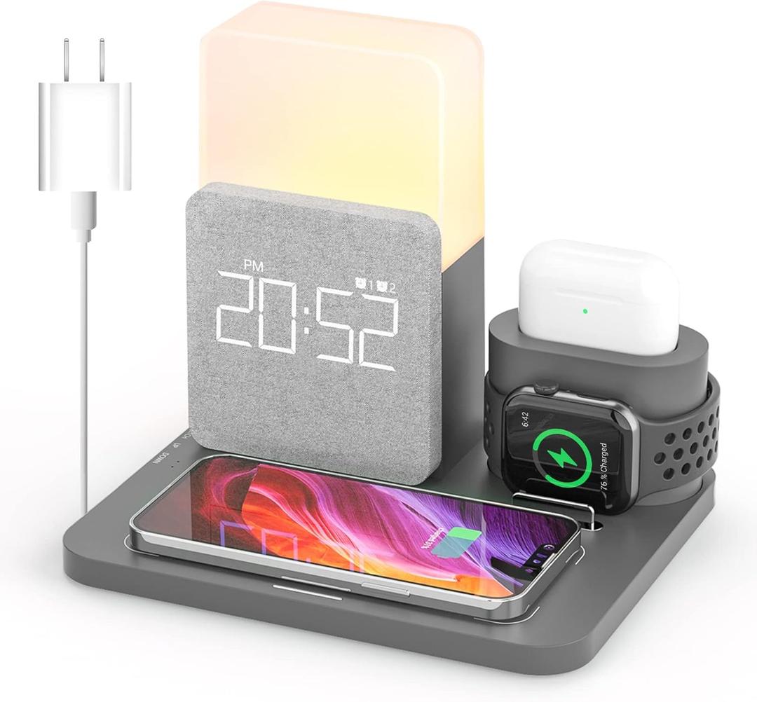 Wireless Charging Station, iPhone 3 in 1 Fast 15W Wireless Charger with Alarm Clock and Night Light, Charging Dock for iPhone 12/13/14/15/16/17 Pro/Pro Max, Samsung, AirPods (Gray)