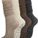 YSense 4 Pairs Pilates Socks with Grips for Women Non Slip Long Slouch Socks Yoga Grippy Sock Slouchy Barre Hospital Slipper (Black Coffee Khaki Milky White)