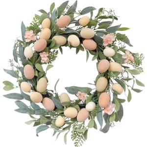 TEMPUS 20 Inch Easter Flocked Egg Wreath - Handmade Spring Door Decor with Pastel Eggs & Mixed Twigs, Indoor Floral Wreath for Easter Home Decor (Beige)