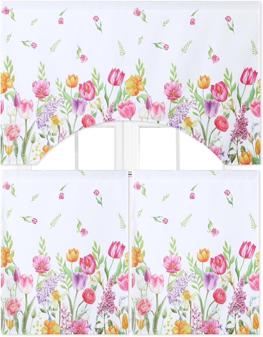 Ganeen 3 Pcs Kitchen Curtain Set for Window 30'x 36' Christmas Tulip Flower Cafe Curtains with Valance Pink Decoration for Bathroom Farmhouse Door Kitchen Window Xmas Gift