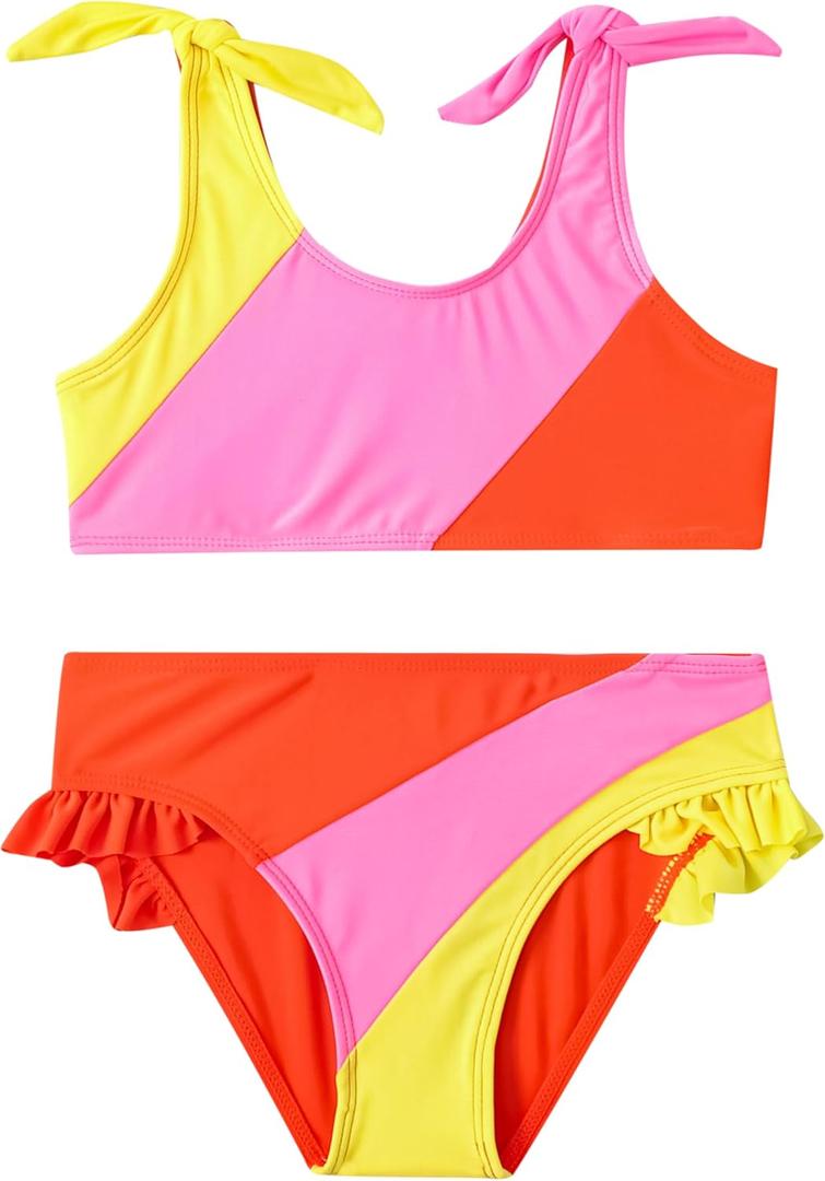 Toddler Girls Swimsuit Color Block Swimwear Kids Two Piece Bathing Suits Bowknot Beach Bikini Set, 7-8Y