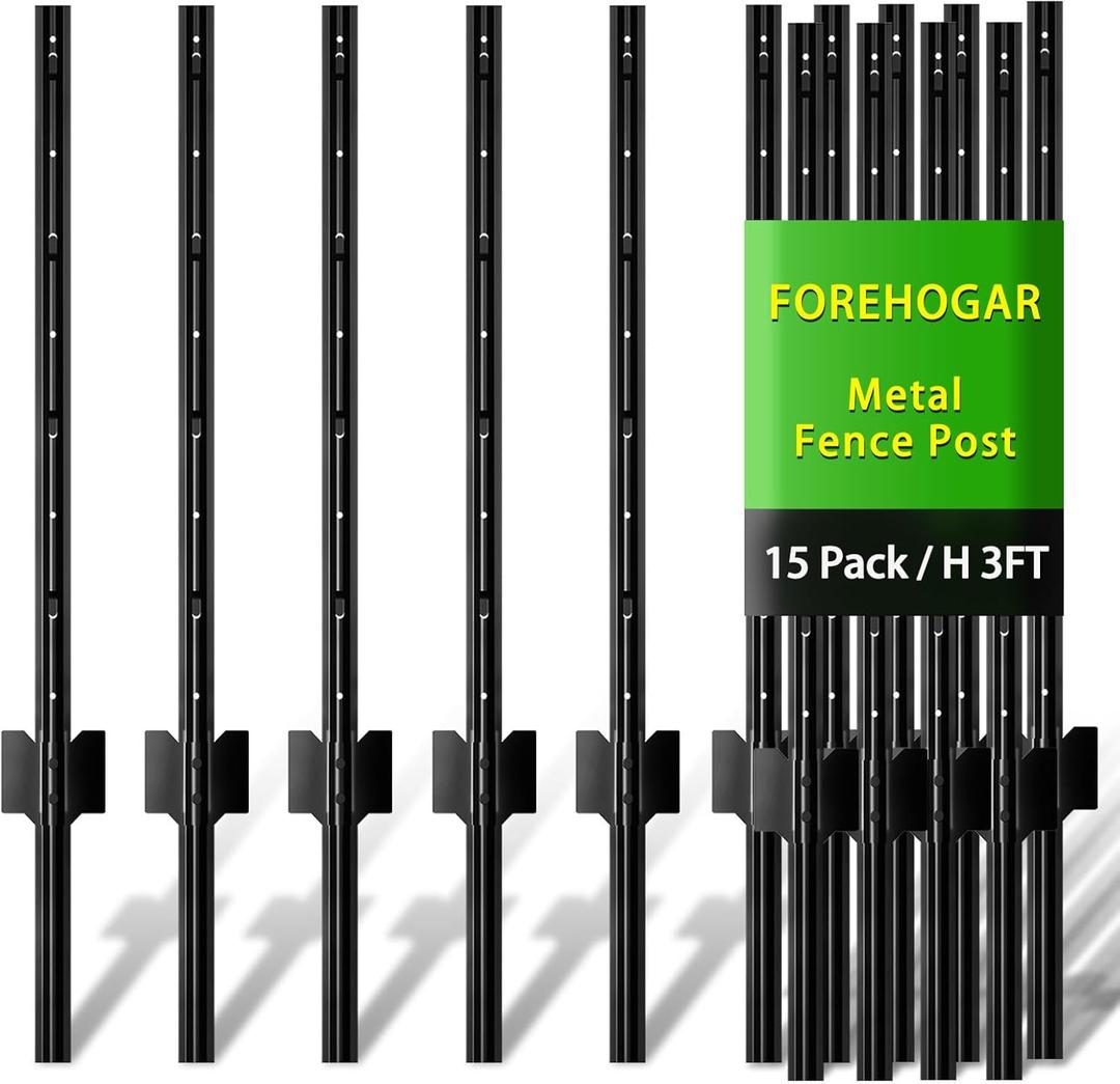 Metal Fence Post 3 Feet Black, Pack of 15, T Posts for Wire Fence, No Dig Steel U Posts Fencing for Lawn Garden Wire Mesh Fence Poles Sign Outdoor Light Duty
