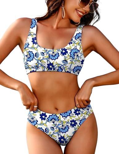 AI'MAGE Women Ribbed Bikini Sets Sporty Swimsuits Scoop Neck Two Piece Bathing Suits High Cut Bikini XXL