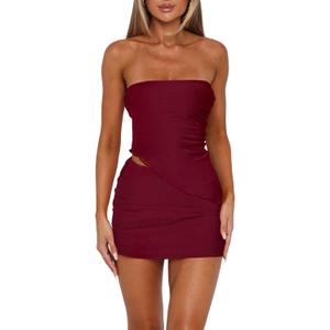 Two Piece Skirt Set for Women Summer Asymmetrical Mesh Strapless Tube Tops Mini Skirt Set Going Out Outfits (Medium, Solid Wine Red)
