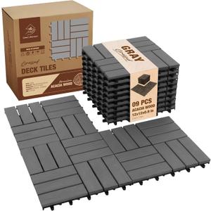 Premium Acacia Wood Interlocking Deck Tiles, 9 PCS 12"x12"x0.9" Patio Flooring, Outdoor Waterproof Decking Tiles for Balcony, Backyard & Patio, All Weather Use (Gray - Crossed Pattern)