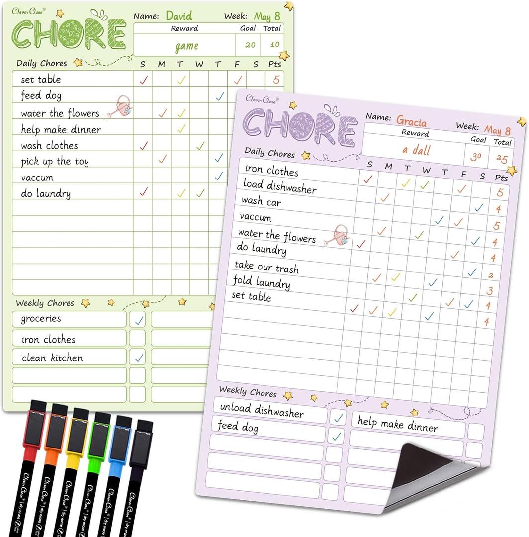 Magnetic Dry Erase Chore Chart - 8.5"x12" Behavior Responsibility Chore Board for Kids, Teenagers - 6 Extra Fine Point Markers Included - Shipped Flat 2 Pcs