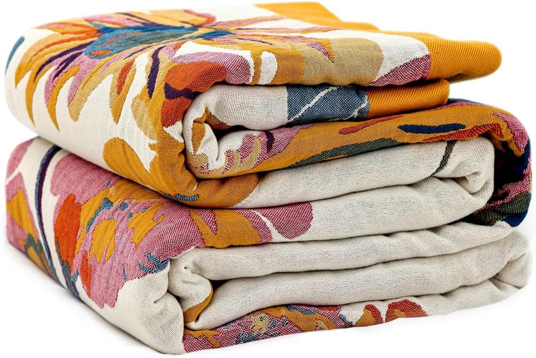 LUTBM Boho Throw Blanket for Couch 100% Cotton Soft Breathable Butterfly and Floral Embroidery Summer Throw Blanket,50"x60" All Season Reversible Throws for Sofa Chair Bohemian Decor for Livingroom