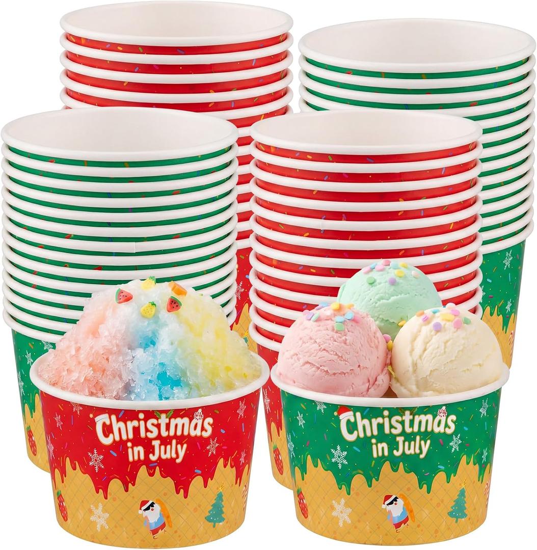 FoldTier 50 Pack Summer Christmas Ice Cream Paper Cups, 8oz Dessert Disposable Bowls, Xmas Summer Party Snack Bowls Xmas Santa Decoration for Beverage Sundae Yogurt Soup Party Supplies
