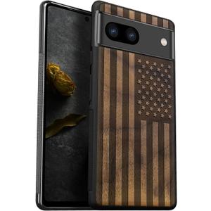 Carveit Wood Case for Pixel 7a - Natural Walnut & Black TPU Shockproof Protective Cover - Unique & Classy American Flag Design (Pixel 7a (6.1 inch))