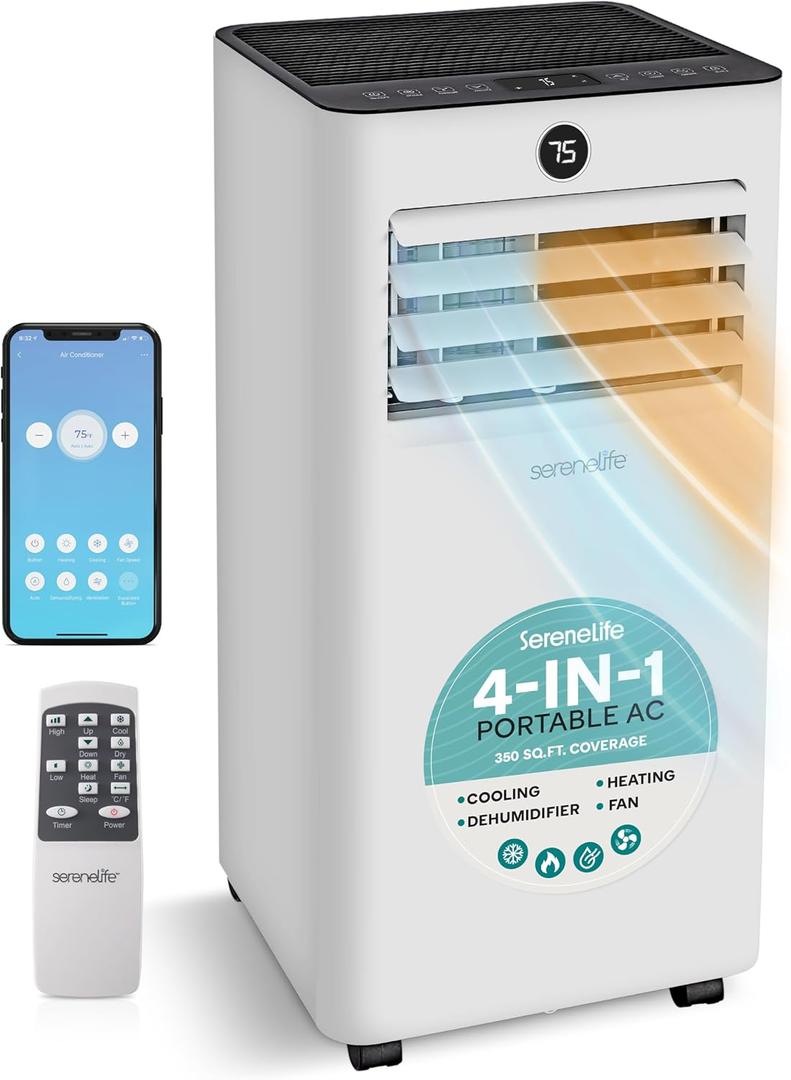 SereneLife 8,000 BTU Portable Air Conditioner and Heater, Small AC with Dehumidifier and Fan, Wifi Function, Mini AC Unit with 350 Sq. Ft. Coverage, Includes Remote Control and Window Mount Kit