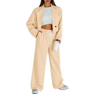 Fisoew Women's 2 Piece Outfits Casual Crop Blazer Jackets Loose Wide Leg Pants Fall Dressy Business Work Suit Sets (Beige)