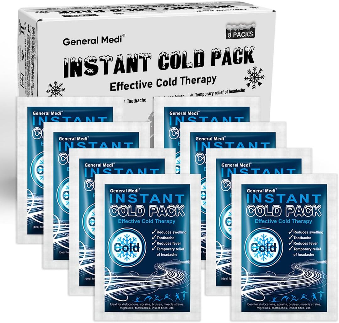 General Medi Instant Ice Cold Pack (4x 5.5)  8 Packs Disposable Cold Therapy Ice Packs for Pain Relief, Swelling, Inflammation, Sprains, Toothache  for Athletes & Outdoor Activities