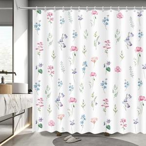 MEHOFOND Watercolor Floral Shower Curtain Spring Boho Bathroom Curtains Pink Flower Shower Curtain for Bathroom Modern Plant Leaves Bathroom Decor Waterproof Bath Curtain with 12 Hooks 72x72 Inch