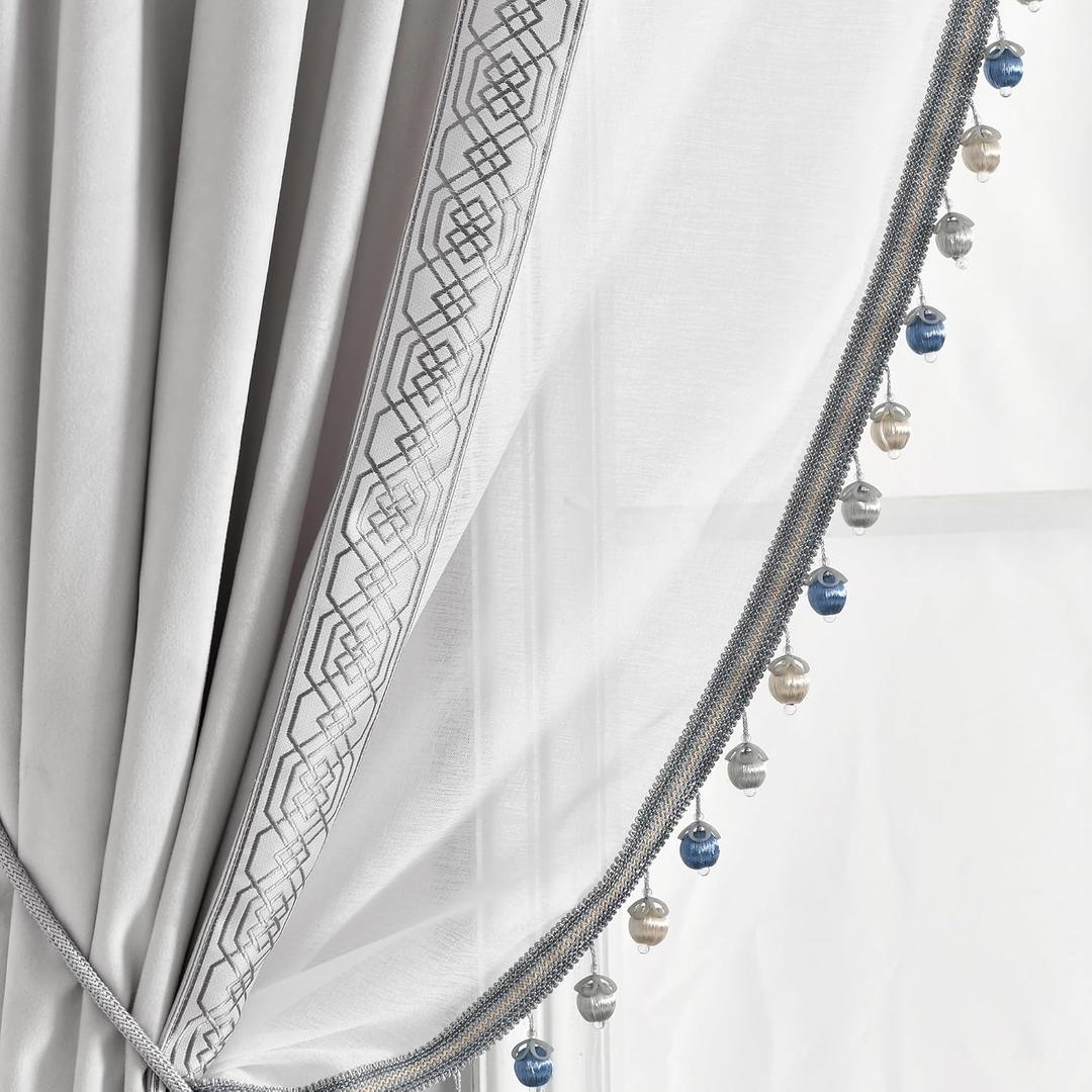 Lush Decor Luxury Vintage Velvet and Sheer with Border Pompom Trim Window Curtain (Single) Panel, 84" L x 42" W, Light Gray