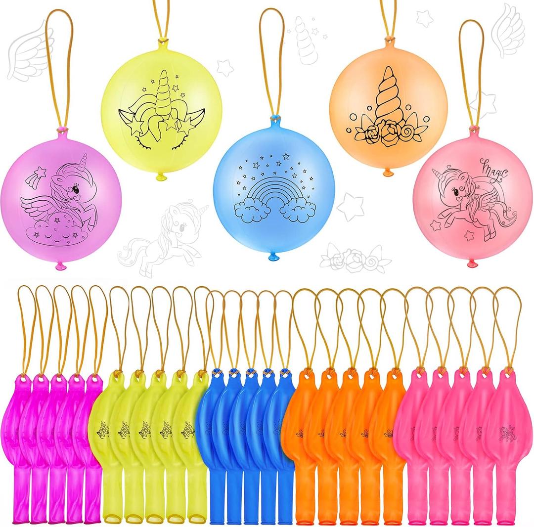 Sumind 30 Pcs Unicorn Party Favors Unicorn Punch Balloons with Rubber Band Handle Large Punching Balls Colorful Latex Balloons Bulk for Kids Theme Birthday Party Supplies Gifts Home Outdoor Decoration