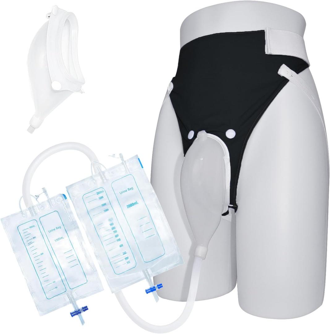 Wearable Urine Collector Set with Breathable Fixation Pants, 2 Urine Bags 2000ml and 1000ml, 1.2M Drainage Tube, Reusable Silicone Collection Capsule, Elderly Men Black Wearable Urine Collector Set with Breathable Fixation Pants, 2 Urine Bags 2000ml and 1000ml, 1.2M Drainage Tube, Reusable Silicone Collection Capsule, Elderly Men Black