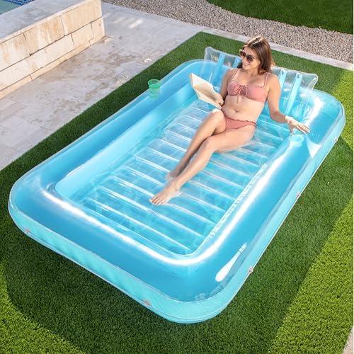 SLOOSH Inflatable Tanning Pool Lounger Float, 85" x 57" Extra Large Pool Floats Adult with Pillow, 4 in 1 Suntan Tub Raft Floatie, Sunbathing Bed Lounge for Water Blow Up Ball Pit Party Gifts, XL-Blue