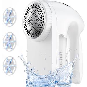 IPX6 Waterproof Washable Electric Fabric Shaver and Lint Remover, Rechargeable Sweater Defuzzer with 3 Free Extra Blades, Quickly and Effectively Remove Fluff, Fuzz, Bobbles for Clothes, White