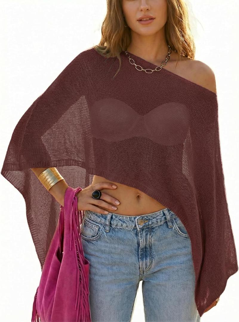 WeciBor Women's Wine Red Sheer Poncho Tops Lightweight Shrug Cover Up Knit Bolero for Beach Vacation Clothing