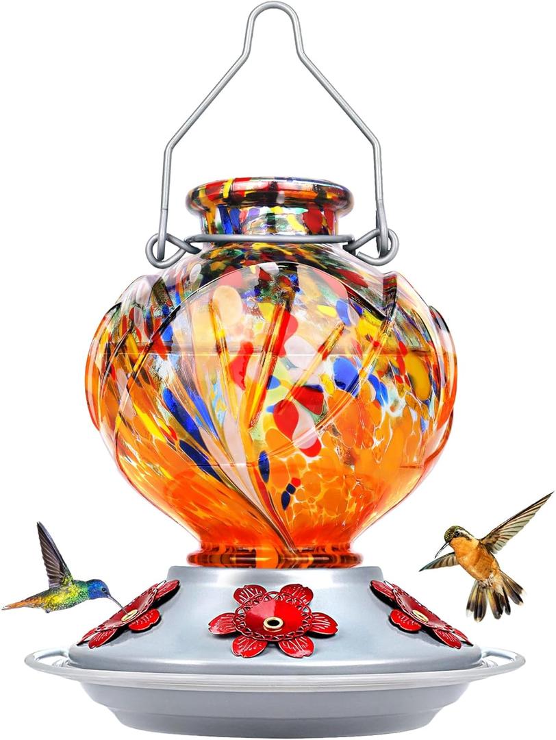 BOLITE Hummingbird Feeder, Hand Blown Glass Hummingbird Feeders for Outdoors Hanging, 22 Ounce, Five Feeding Ports with Perch, Peony Flower Shape, Orange, Gifts for Women Men, Gifts for Mom Dad, 1 Pack