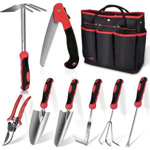 WisaKey 2 Sets of Gardening Tools, WisaKey 9 Piece Stainless Steel Heavy Duty Green Gardening Tools with Handle, Durable Garden Tool Bag, Gardening Gifts for Women and Men, Green & Red