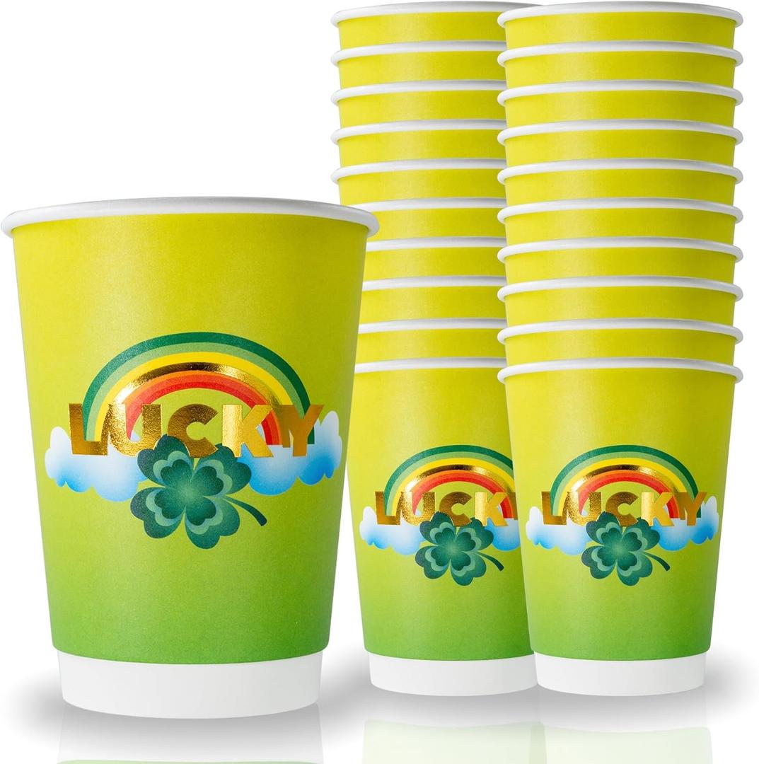 Cheerland St. Patrick's Day Disposable Paper Cups Shamrock Clover Rainbow Tableware for Green Party kids Birthday St Paddy's Day Celebrations Irish Party St Patty Decorations Supplies - Pack of 20