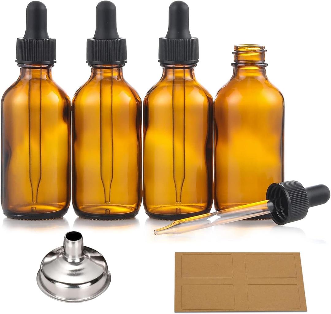4 Pack, 2 oz Bottles with Dropper & 1 Funnel & 4 Labels - Essential Oils Bottles for Health, Personal Care & Beauty - 60ml Thick Dark Amber Glass Tincture Bottles, Refillable Cosmetic Containers