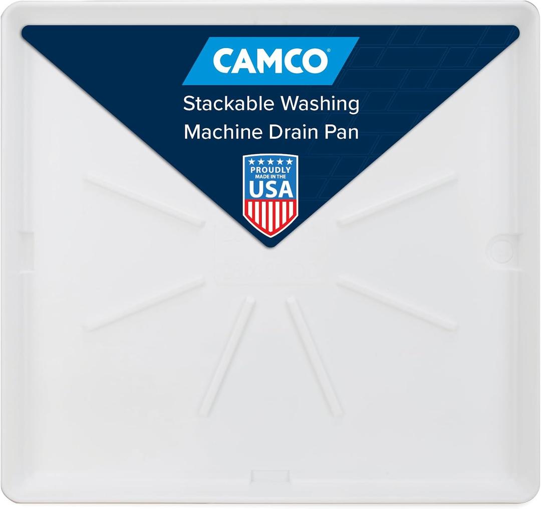 Camco Stackable Washing Machine Drain Pan - Measures 25 (L) x 27 (W) ID & 28 (L) x 30 (W) x 2 7/16 (H) OD - Great for Apartment-Sized Washers/Stackable Units - 1"/1.5" PVC Drain Fitting (21006)