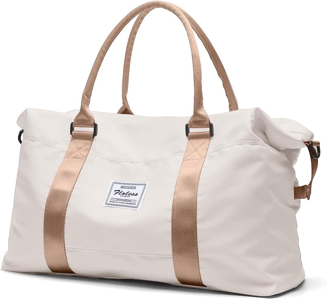 Travel Duffel Bag,Sports Tote Gym Bag,Shoulder Weekender Overnight Bag for Women (Beige & Brown)
