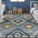 Area Rug 6x9 Rug Machine Washable Rug Non-Slip Low Pile Print Pattern Western Rug for Living Room Bedroom Entryway Tribal Series -Navy/Grey