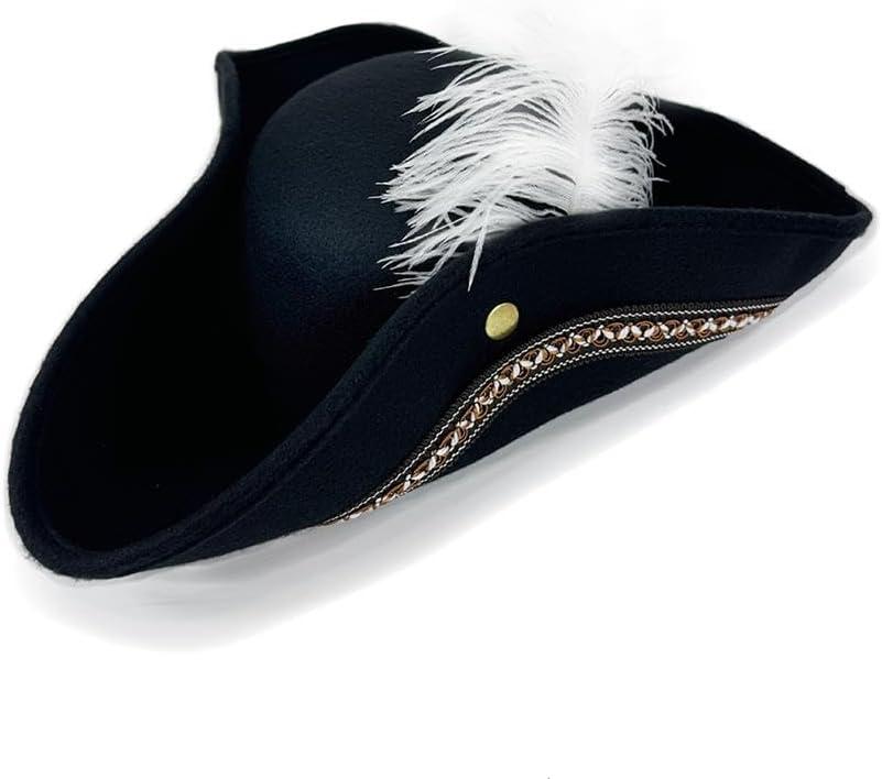 Black Pirate Hat with White Feather Colonial Tricorn Hats for Halloween Cosplay Vintage Captain Hats for Adults (One Size)