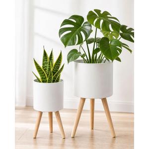2 Pack Plant Stand, Metal Planter Holder with Wooden Legs, White