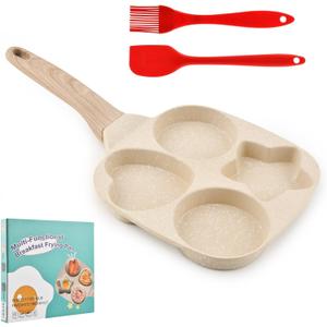 4-Cup Nonstick Egg Pan with Silicone Brush & Spatula, Divided Grill Frying Pan, Omelette Skillet Egg Cooker Suitable for Pancakes Plett Crepes, Gas Stove & Induction Cookware(Beige)