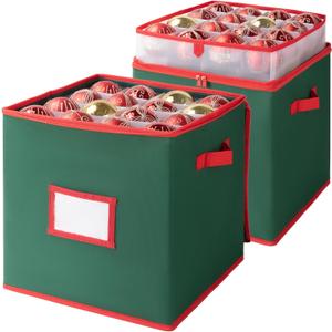 OIAHOMY 2 Pack Ornament Storage Box with Handle, Each Ornament Storage Holds 64 Balls, Christmas Decoration Box Include Plastic Trays and Zip-Lock Lid, Made of 600D Oxford Fabric - Green