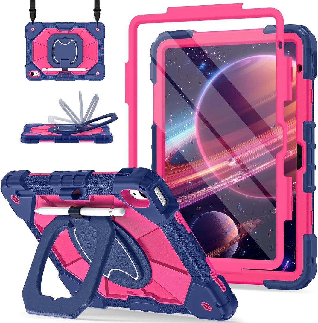 Case for iPad (A16) 11th Generation 11 Inch (2025) / iPad 10th Generation Case 10.9 Inch (2022) with 360 Rotating Stand Screen Protector Pen Holder Shoulder Strap, Navy Pink