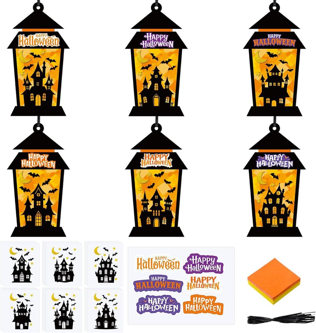2 x 24 Sets Halloween Lantern Suncatchers Crafts Haunted House Lantern Tissue Paper Craft DIY Haunted Party Decoration Make Your Own Hanging Ornament for Halloween School Classroom Game Party Decorations