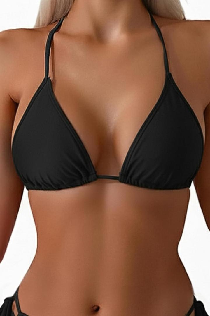 Tempt Me Women Triangle Bikini Top String Halter Bathing Suits Top Only No Bottom (Black, M)