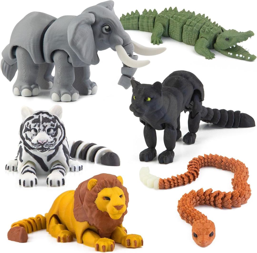 6PCS 3D Printed Safari Animals Figures Toys, Realistic Articulated Zoo Animal Toys Educational Learning Fidget Toy Cake Toppers Birthday Gift Party Favors Toy for Toddlers Kids Boys Girls