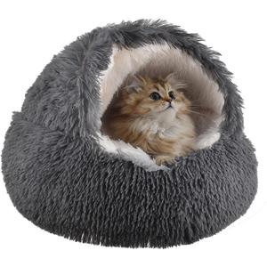 Cat Bed Round Fluffy Hooded Cat Bed Cave, Anti-Anxiety Cave Bed with Hooded Blanket, Cozy Cuddler Luxury Puppy Pet Bed, Anti-Slip Bottom and Machine Washable (Dark Grey, Medium)
