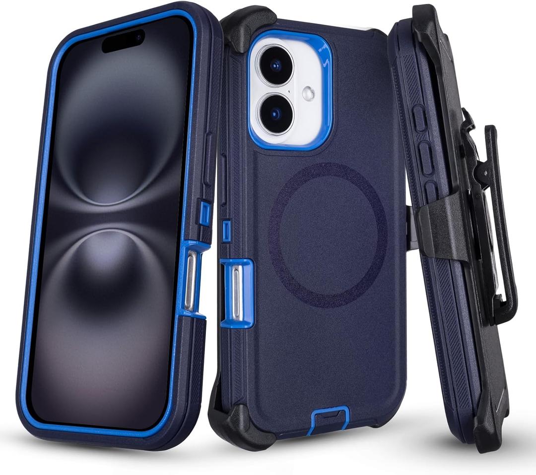 Phone Case for iPhone 16 Case with Belt Clip, Defender for iPhone 16 Case with Stand, [Compatible with MagSafe] 3-Layer Heavy Duty Rugged Military Grade Protection Cover for iPhone16 case (Navy+Blue)