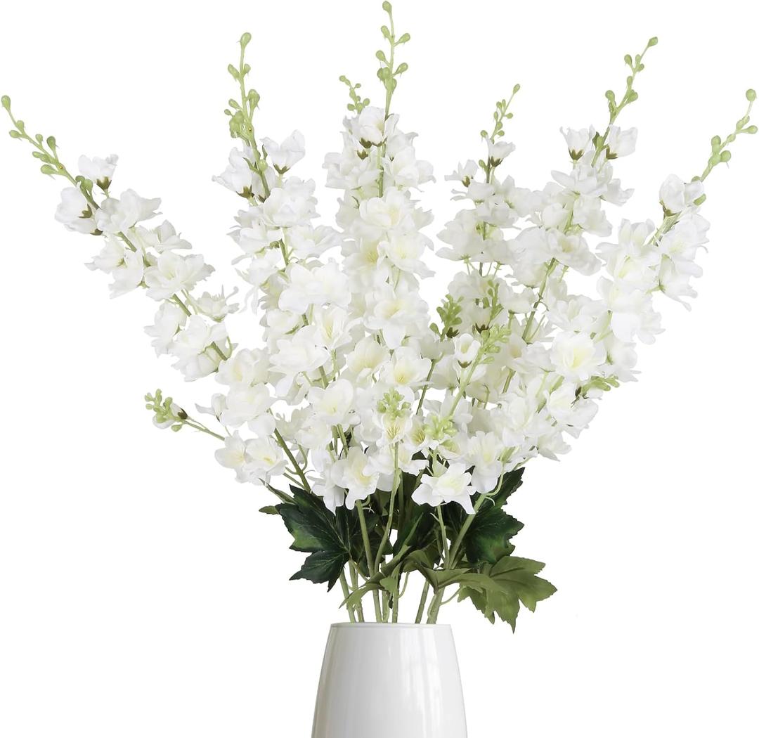 White Delphinium Artificial Flowers, 8PCS Long Stem Silk Larkspur Flowers 33.5'' Faux Delphinium Stems for Tall Vase Home Wedding Table Decor(White)
