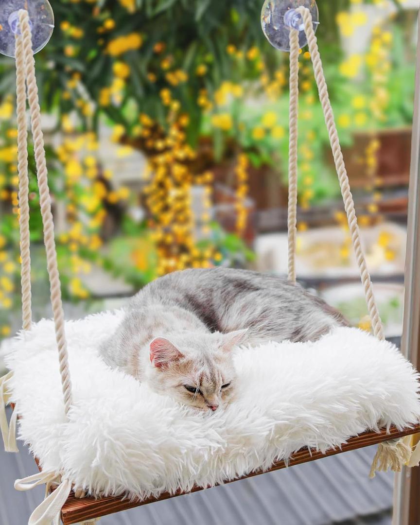 Cat Hammock with Industrial-Grade Suction Cups - Solid Pine Wood Seat, Soft Cushion - 42 lb Capacity (Medium, Brown/White)