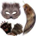 Furry Therian Mask and Tail for Kids,Animal Fox Mask Wolf Tail Paws Set,Over 1 Years Old (Brown)